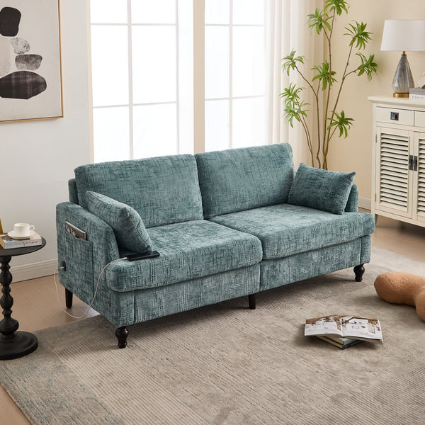 English Elm Modern chenille 2-seater sofa with LED lighting, USB charging, storage pocket, sturdy wood legs Lake Blue W395P318545