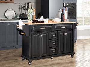 English Elm Kitchen Island durable rubberwood countertop kitchen cart on casters with towel rack, spice shelf, 5 drawers and adjustable shelving for organized meal prep and mobility Black W914S00003
