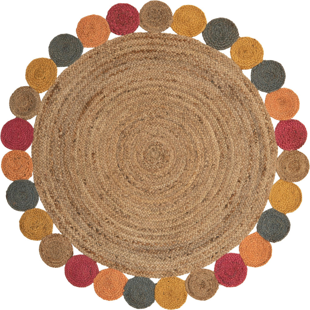 Unique Loom Braided Jute Circles Hand Braided Solid Rug Natural, Gray/Green/Orange/Yellow/Pink 5' 1" x 5' 1"