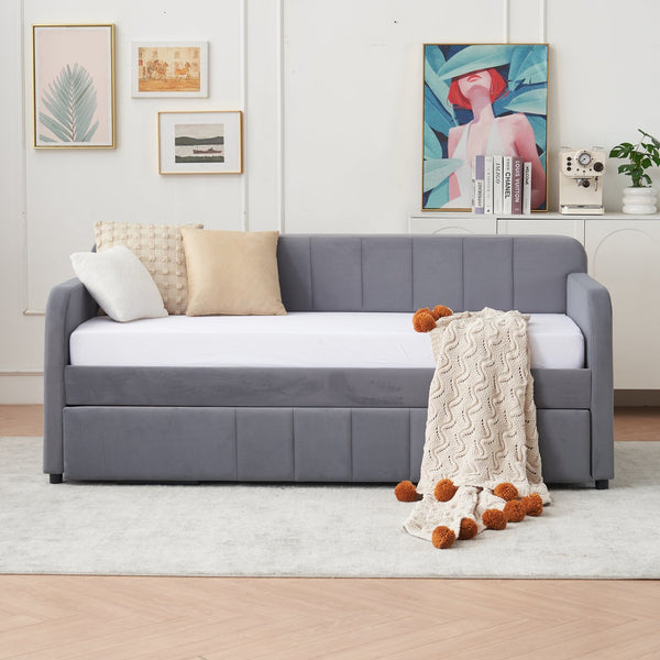 English Elm Twin Upholstered Daybed with Trundle Sofa Bed for Guest Room, Pine Wood Frame, Velvet Upholstery, Sturdy Slat Support and Full-Length Comfort Grey W1361S00022
