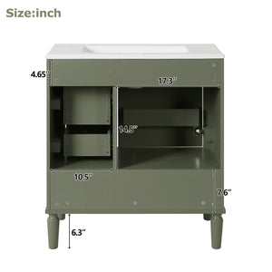 English Elm 30" Elegant Bathroom Vanity with Ceramic Sink, Soft-Close Door & 3 Drawers, Gold Handles, Durable Finish Olive Green N729P184479O