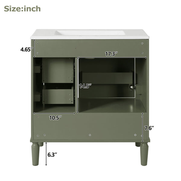 English Elm 30" Elegant Bathroom Vanity with Ceramic Sink, Soft-Close Door & 3 Drawers, Gold Handles, Durable Finish Olive Green N729P184479O
