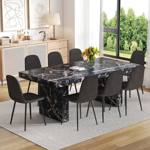 English Elm Table and Chair Set Seats Eight with Marble Pattern Mdf Top Brown Fabric Dining W1151S04133