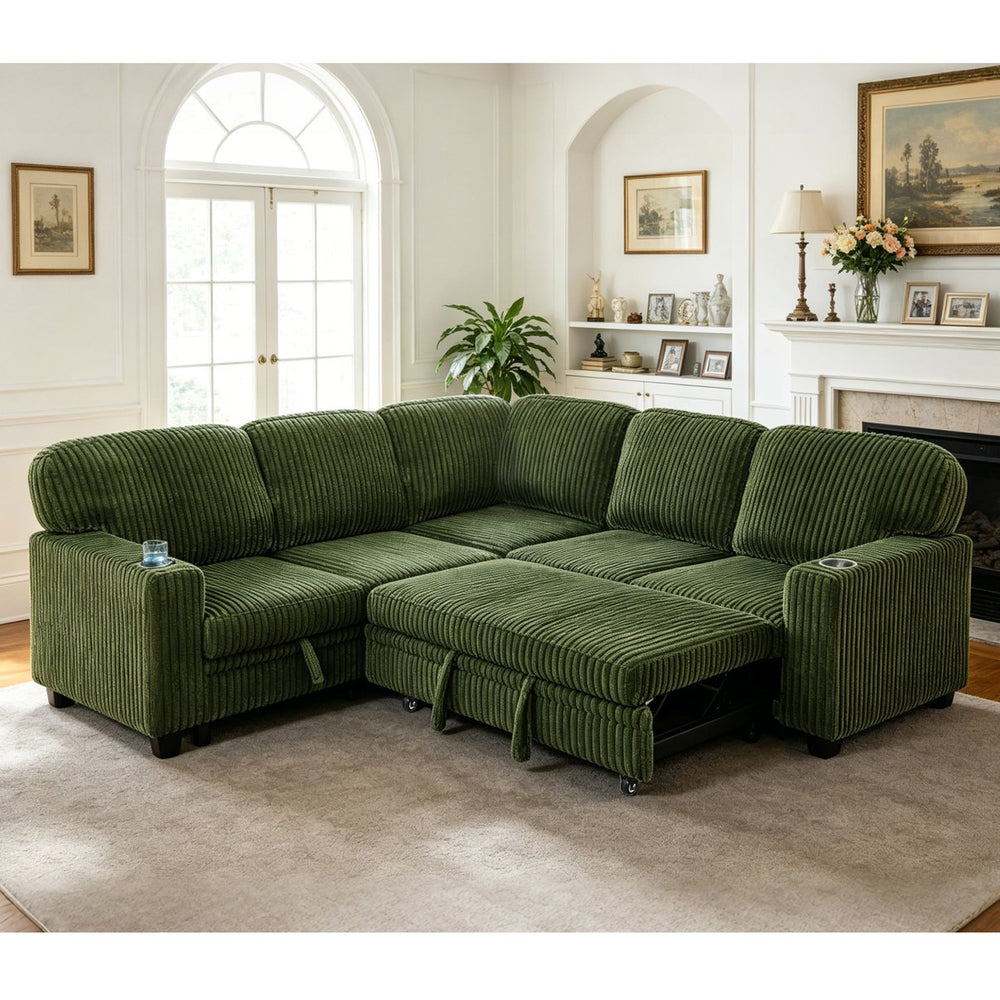English Elm L-shaped Sectional Sleeper Sofa with Hidden Storage Usb Charging Corduroy Upholstery Olive Green W1998S00095