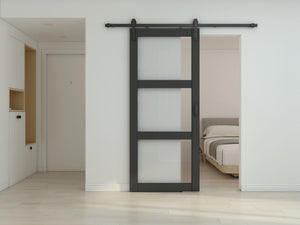 English Elm 30 in Matte Black Steel Sliding Barn Door Frosted Glass Privacy Panel with Hardware B2763P483229