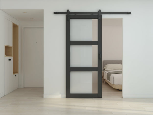 English Elm 30 in Matte Black Steel Sliding Barn Door Frosted Glass Privacy Panel with Hardware B2763P483229