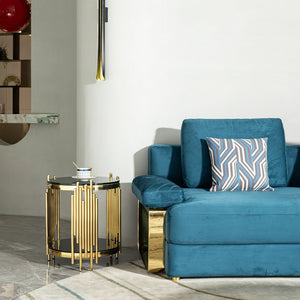 English Elm Luxury Two Tier Round Side Table Black Tempered Glass Gold Steel Wave Frame Glam W2723P252342