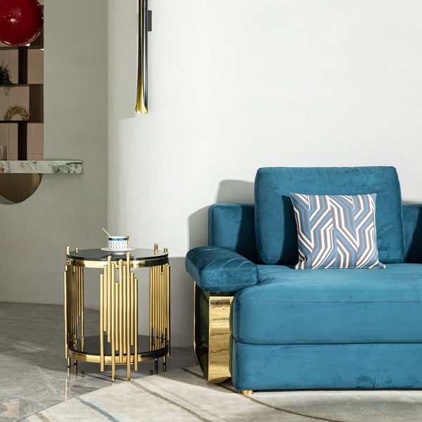 English Elm Luxury Two Tier Round Side Table Black Tempered Glass Gold Steel Wave Frame Glam W2723P252342