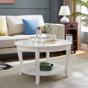 English Elm Traditional Round Coffee Table with Open Shelf, 2-Tier Solid Wood Accent Table for Small Spaces White W1693P216918