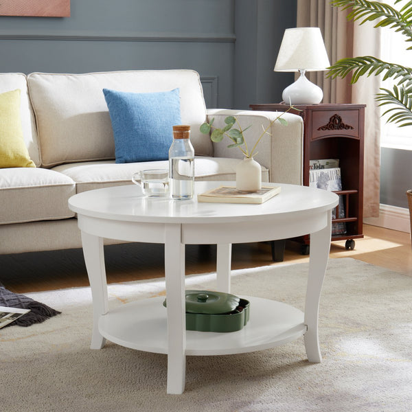 English Elm Traditional Round Coffee Table with Open Shelf, 2-Tier Solid Wood Accent Table for Small Spaces White W1693P216918
