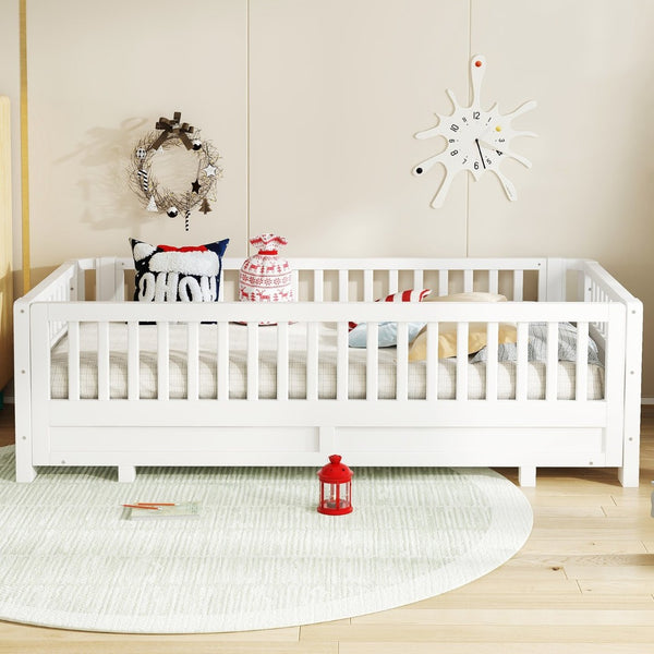 English Elm Twin Xl Platform Bed Frame With Guardrails - Solid Pine Wood, Convertible To Queen, White Finish W1580S00241-GIGA