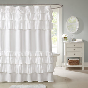 JLA Home Madison Park - Ruffled shower curtain 72"x72" with oversized top & bottom ruffles, shabby-chic romantic white fabric décor MP70-3651