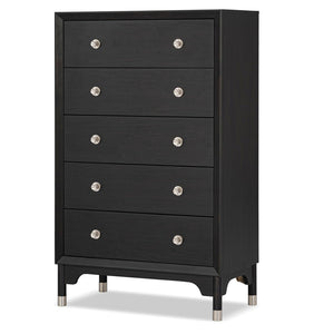 English Elm 1pc Mid-century Five-drawer Tall Chest Walnut Veneer Black Matte Finish Silver Legs B2741P446689