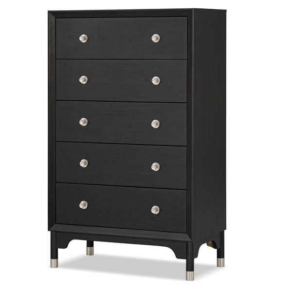 English Elm 1pc Mid-century Five-drawer Tall Chest Walnut Veneer Black Matte Finish Silver Legs B2741P446689