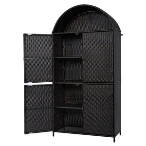English Elm K&k Tall Arched Pe Rattan Outdoor Storage Cabinet with Adjustable Shelves and Steel Frame Brown+Black N707P420158D