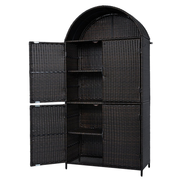English Elm K&k Tall Arched Pe Rattan Outdoor Storage Cabinet with Adjustable Shelves and Steel Frame Brown+Black N707P420158D