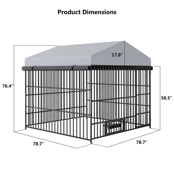 English Elm Large Outdoor Dog Kennel Heavy Duty Iron Run with Waterproof Canopy and Feeding Bowls W1820P321938