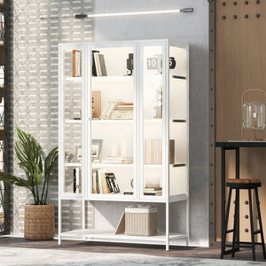 English Elm 67.25'' Tall Steel Curio Cabinet with Led Lighting and Tempered Glass Panels White SN845P263995W
