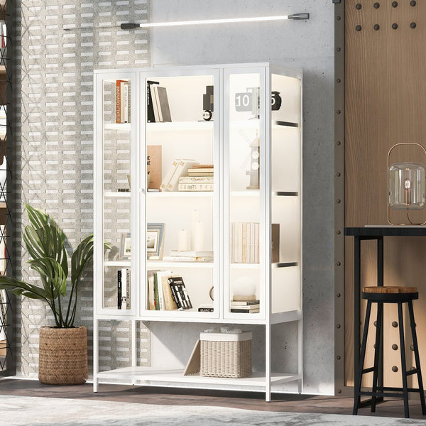 English Elm 67.25'' Tall Steel Curio Cabinet with Led Lighting and Tempered Glass Panels White SN845P263995W