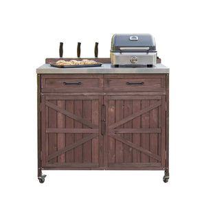 English Elm K&k Outdoor Prep Station Stainless Steel Top Fir Wood Cabinet with Drawer and Wheels Dark Brown N707P370273Z