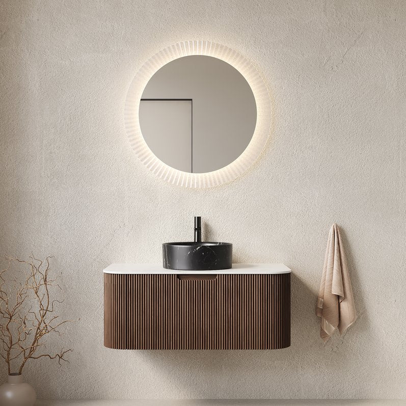 English Elm Dina Floating Bathroom Vanity Sintered Stone Top Glass Basin Striped Plywood Cabinet Black,Carrara White,Walnut W2615S00712