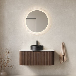 English Elm Dina Floating Bathroom Vanity Sintered Stone Top Glass Basin Striped Plywood Cabinet Black,Carrara White,Walnut W2615S00712