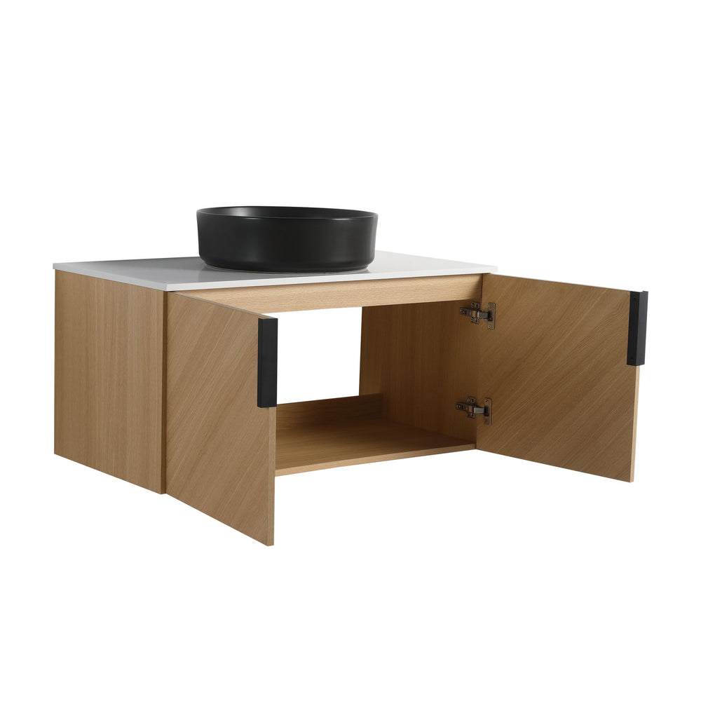 English Elm 36" Bathroom Vanity With Ceramic Vessel Sink & White Stone Top - Modern Wall-Mounted Design, Soft-Close Doors W999S00449