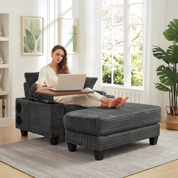 English Elm Fluffy Corduroy Single Sofa with Ottoman Bluetooth Speaker Usb Port and Rotating Tray W3705P476390