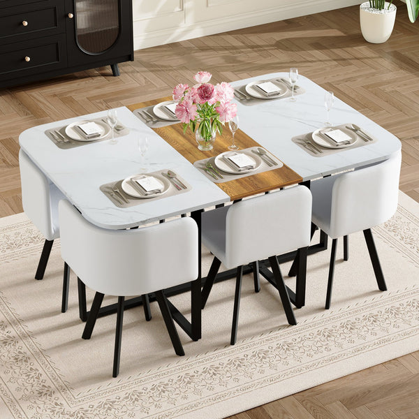 English Elm 7-piece Rectangular Dining Set Seats 6 with Faux Leather Chairs and Melamine Top White,Wood W3875S00132