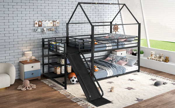 English Elm Twin House Bunk Bed with Slide Storage Stairs and Safety Rails for Kids Rooms W1580S00649