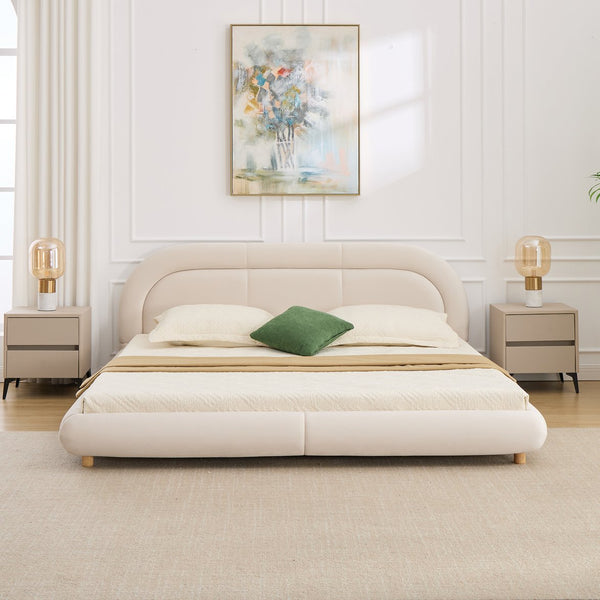 English Elm King Curved Velvet Upholstered Low Profile Platform Bed Sculpted Headboard Modern Beige W5632P452160