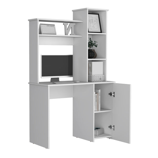 English Elm Carson White Computer Desk with Hutch, 25.8" Work Surface, Single Door Cabinet, 3-Tier Shelves, Modern Storage Solution B200P188876