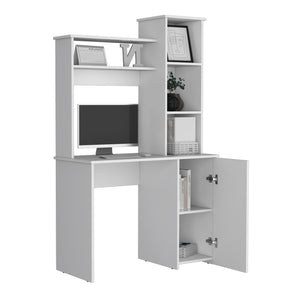 English Elm Carson White Computer Desk with Hutch, Single-Door Cabinet, 25.8" Work Surface & 3-Tier Storage B070P188876