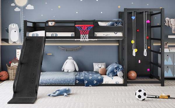 English Elm Twin Xl Metal Loft Bed with Climbing Wall Slide Basketball Hoop and Bookshelves W1580S00588