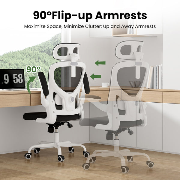 English Elm Ergonomic Office chair with adjustable headrest and lumbar support, breathable mesh, space-saving design Black,White T3623P368416