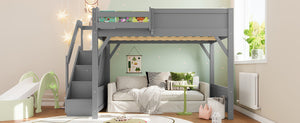 English Elm Twin Low Loft Bed Solid Pine Frame Kids Study Desk Blackboard Storage White Gray W1580S00469