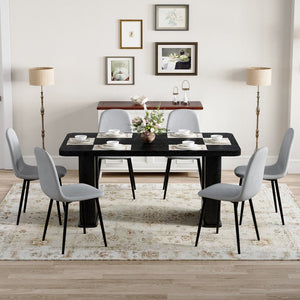 English Elm Table Set - Modern Black Wood Textured Dining Table With 6 Stylish Light Gray Linen-Cotton Chairs W1151S04317-GIGA