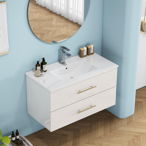 English Elm 36-Inch Modern Wall-Mounted Bathroom Vanity With Ceramic Sink, Gold Handle, Easy Installation & Storage W3151S00055