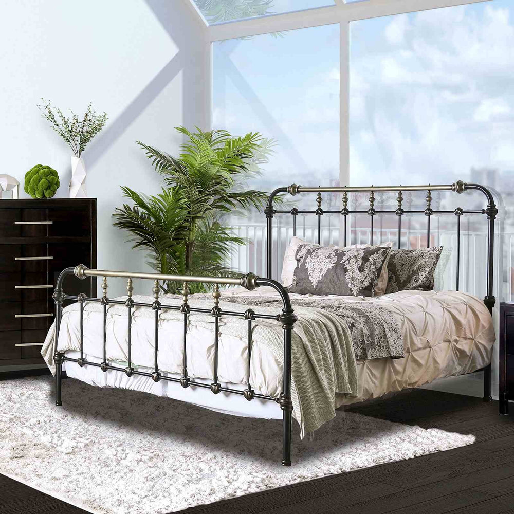 English Elm Transitional Metal King Bed Spindle Headboard in Black with Gold Accent Detail B2741P476063