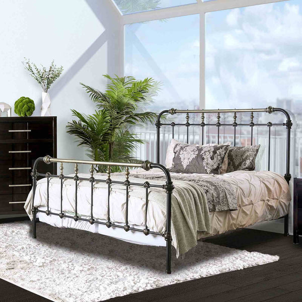 English Elm Transitional Queen Bed Ornate Metal Frame Gold Accents Old World Bedroom Elegance B2741P476062