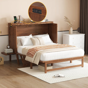 English Elm Full Size Pine Cabinet Murphy Bed with Usb Charging Side Shelves for Guest Rooms W504S00221