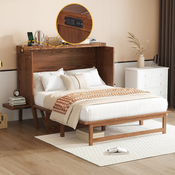 English Elm Full Size Pine Cabinet Murphy Bed with Usb Charging Side Shelves for Guest Rooms W504S00221
