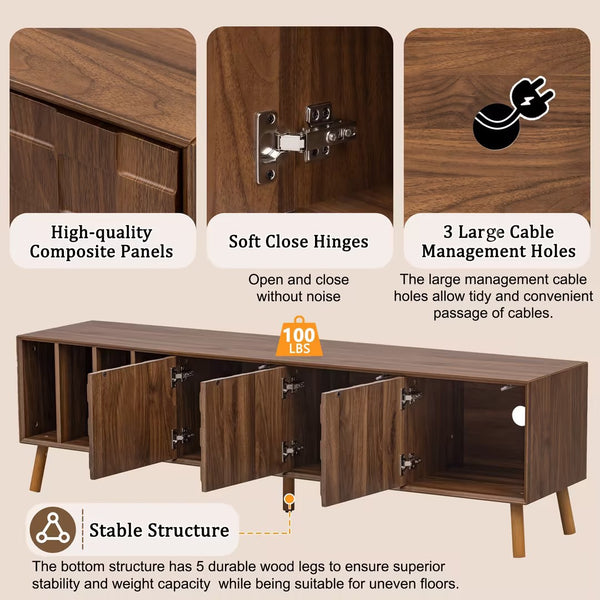 English Elm 70" Mid-Century Modern TV Stand with Lattice Wood Grain, 3 Cabinets & 4 Open Shelves, Walnut Elegance N710P222773P