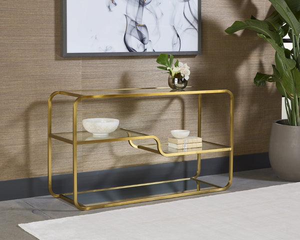 Sunpan SILVIA Contemporary Console Table with Mirrored Base & Glass Shelves for Elegant Entryway Style 107633