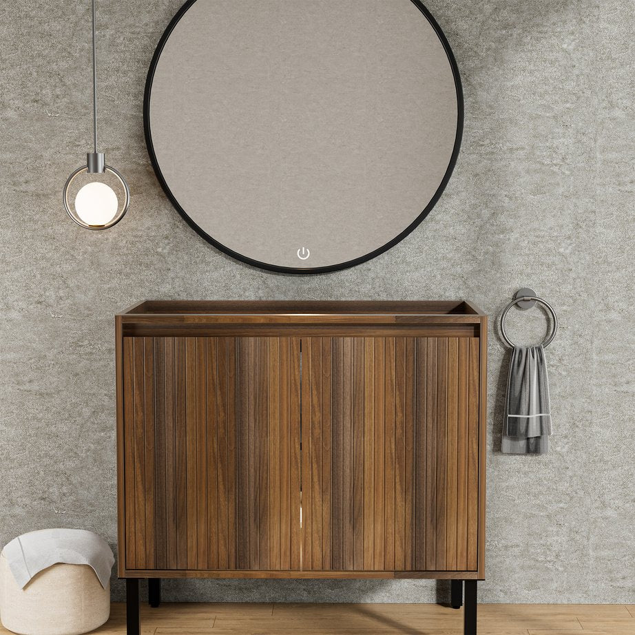 English Elm 36 Inch Floating Bathroom Vanity Fluted Wood Grain Panel with Ceramic Integrated Sink W3520S00043