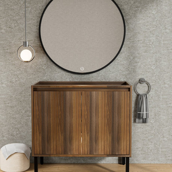 English Elm 36 Inch Floating Bathroom Vanity Fluted Wood Grain Panel with Ceramic Integrated Sink W3520S00043