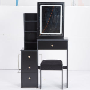 English Elm 29.2" Compact Vanity Table Set With Led Mirror, Touch Control, Large Storage & Stylish Stool For Small Spaces W936P226032