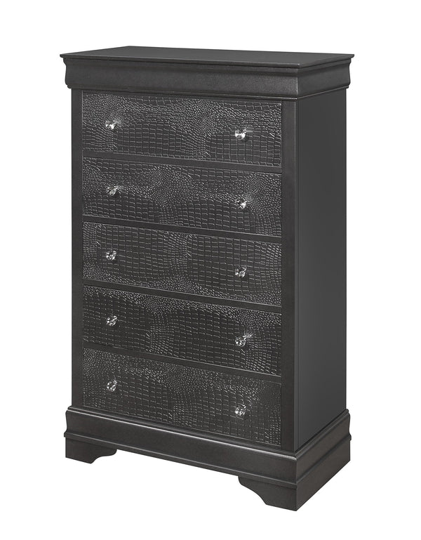 English Elm SHAKER Crocodile Textured Chest with Crystal Hardware, Solid Wood & MDF, Contemporary Tapered Legs Metallic Grey 34.45 L x 18.9 W x 51.57 H B201P215900