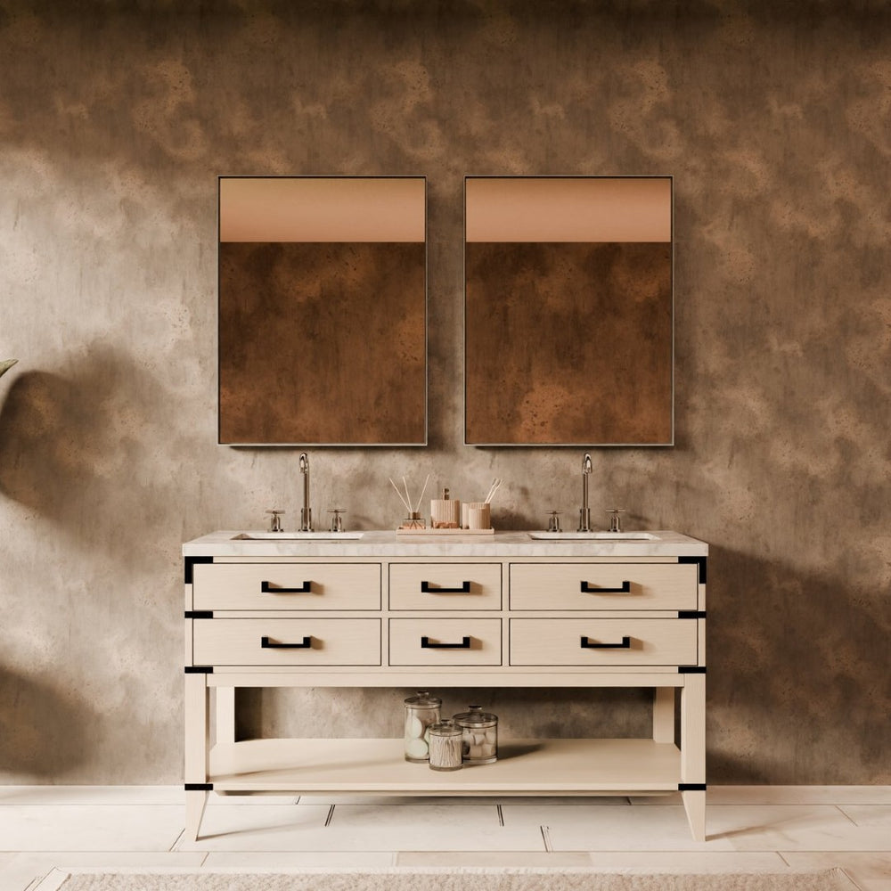 English Elm White Oak Double Bath Vanity With Carrara Marble Top, 60" W, 22" D, And Two Elegant Mirrors Included B2731S01634-GIGA