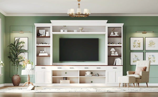 English Elm On-Trend Farmhouse 4-Piece Entertainment Wall Unit For Tvs Up To 70" With Wine Rack & Adjustable Shelves N721S000046K-GIGA